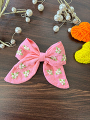 Pink Daisy Embroidered Bow