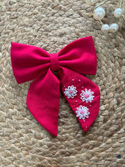 Pink Daisies Embroidered Bow