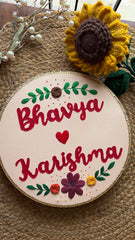 Floral Couple Embroidered Name Plate - Circular