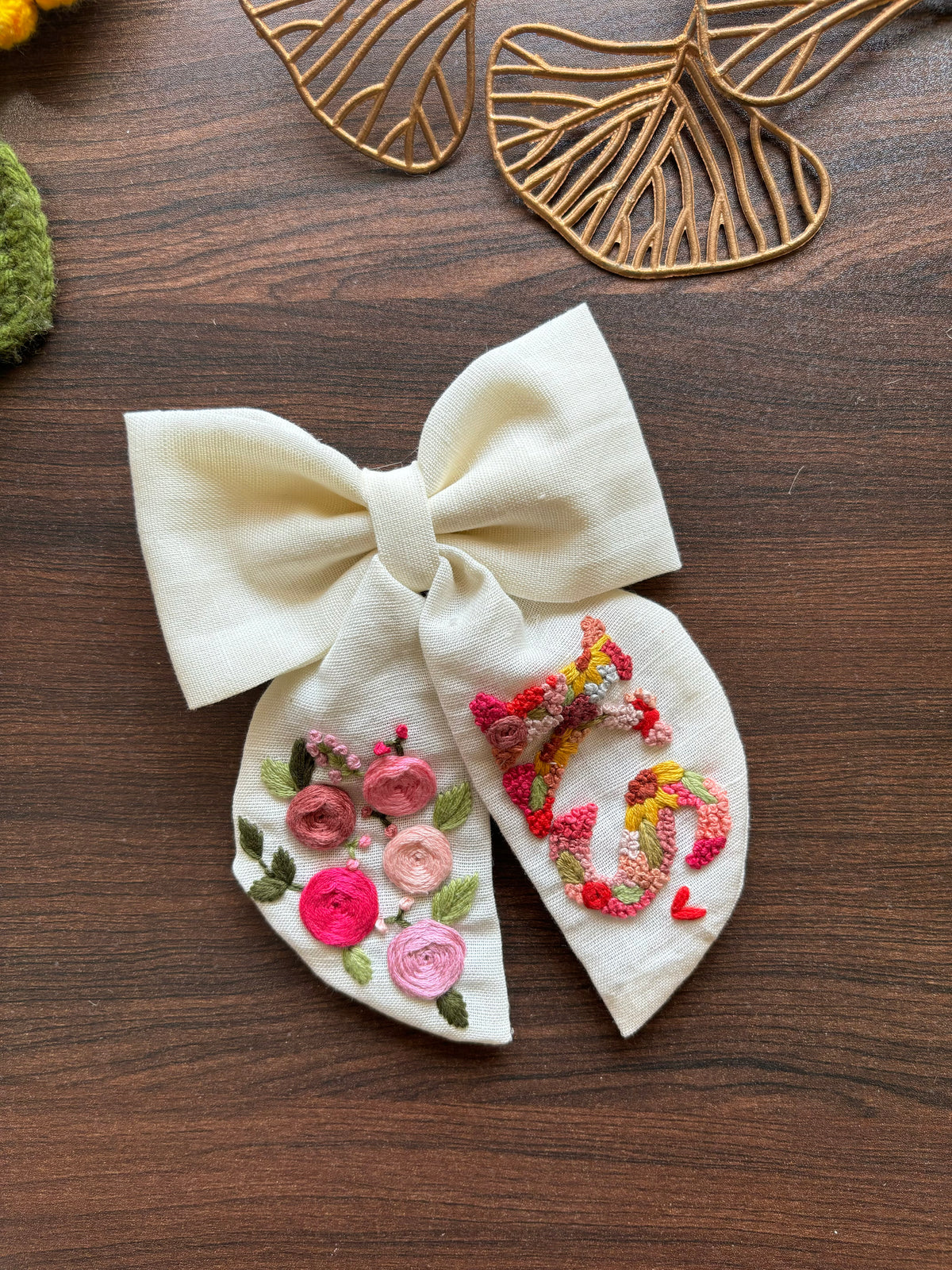 Floral Name Customized Embroidered Bow