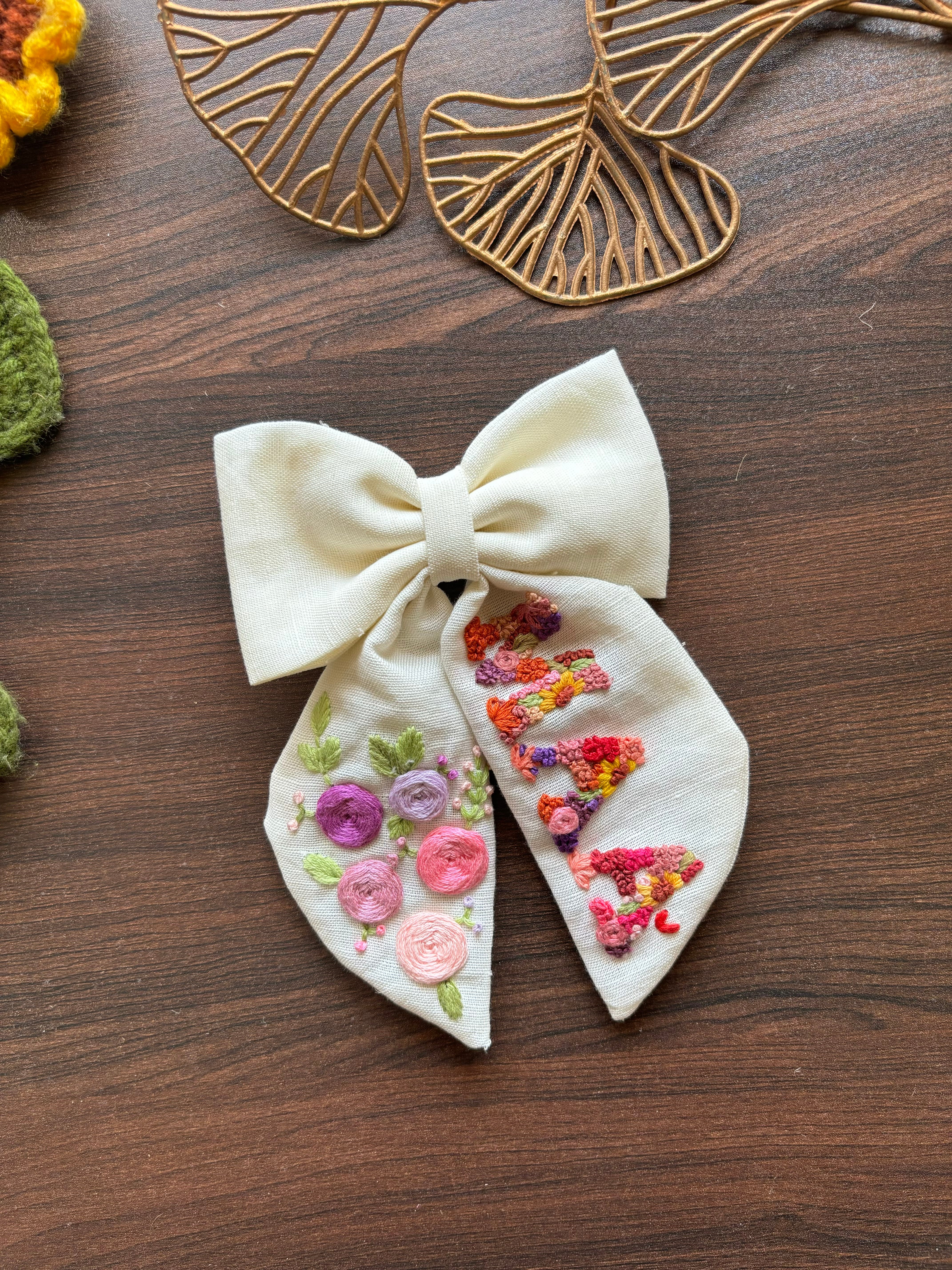 Floral Name Customized Embroidered Bow