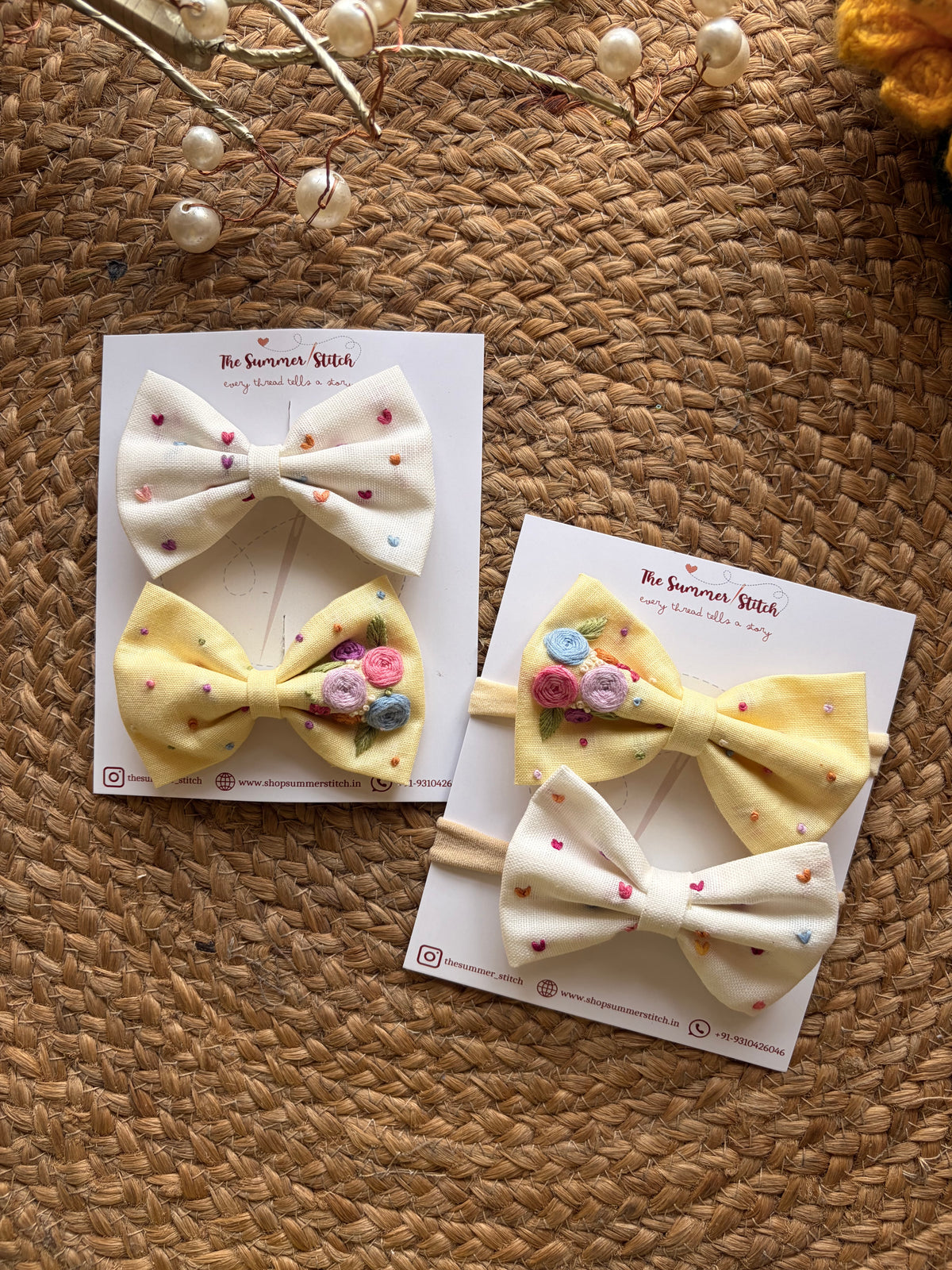Confetti Hearts-  Embroidered Bow Hair Ties