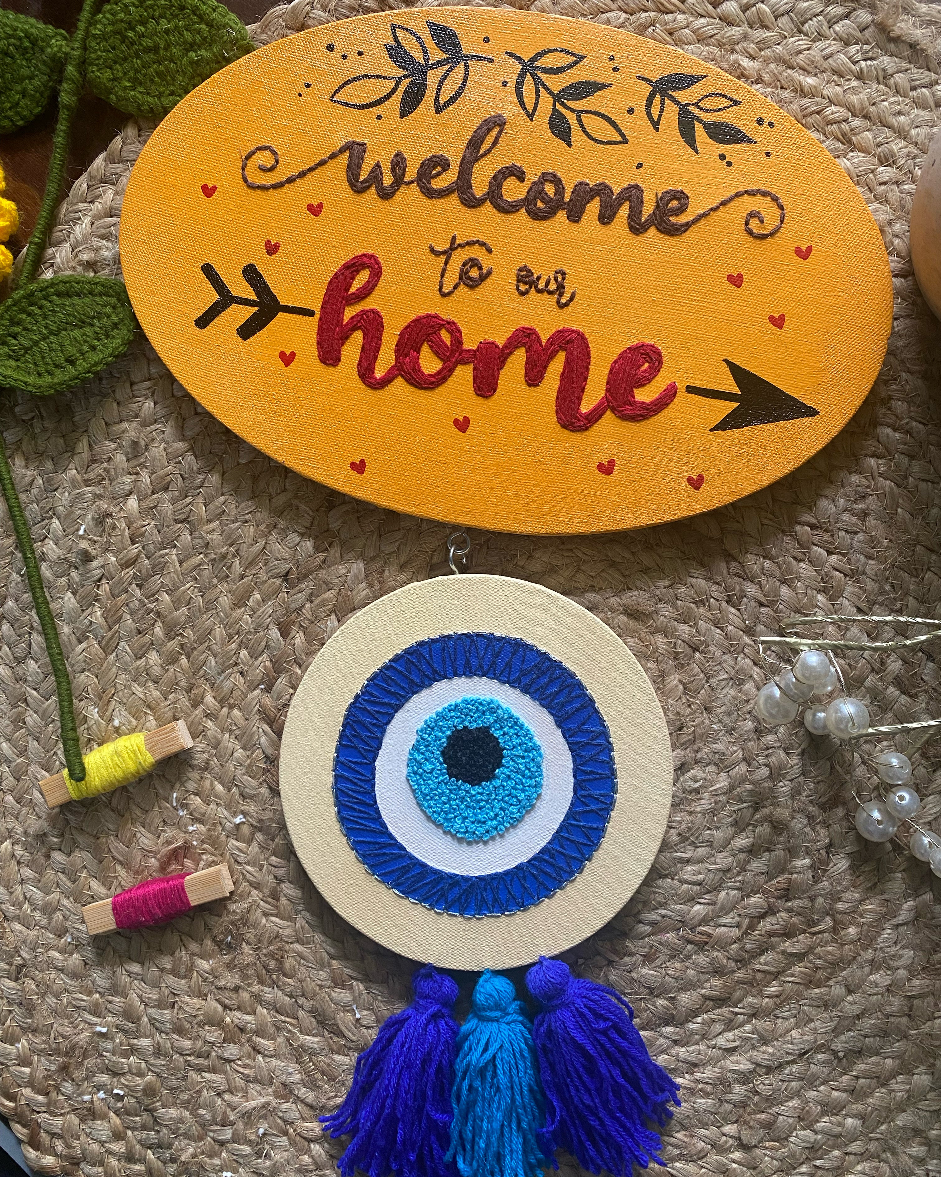 Welcome Home Name Plate with Evil Eye