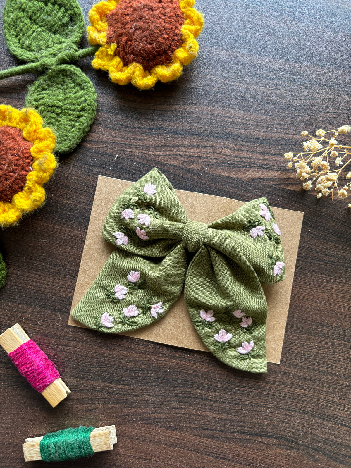 Green Blossom Embroidered Bow