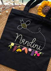 Spring - Embroidered Black Tote Bag