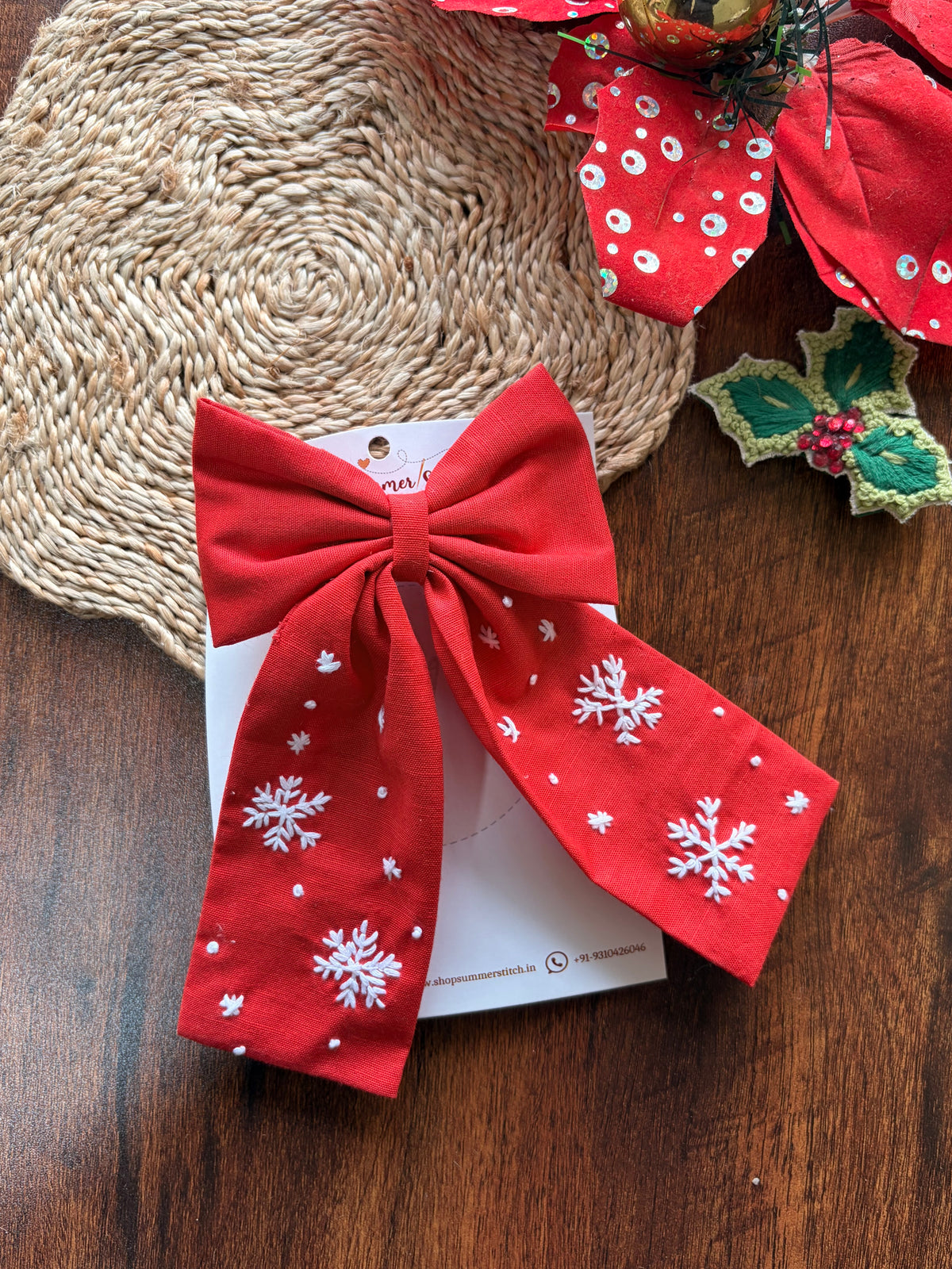 Red Snowflake-  Embroidered Bow