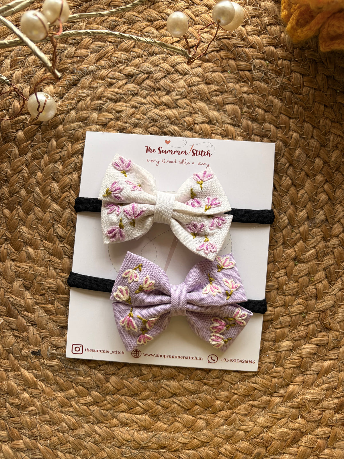 Violet Petals-  Embroidered Bow Hair Ties