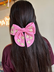 Pink Daisy Embroidered Bow