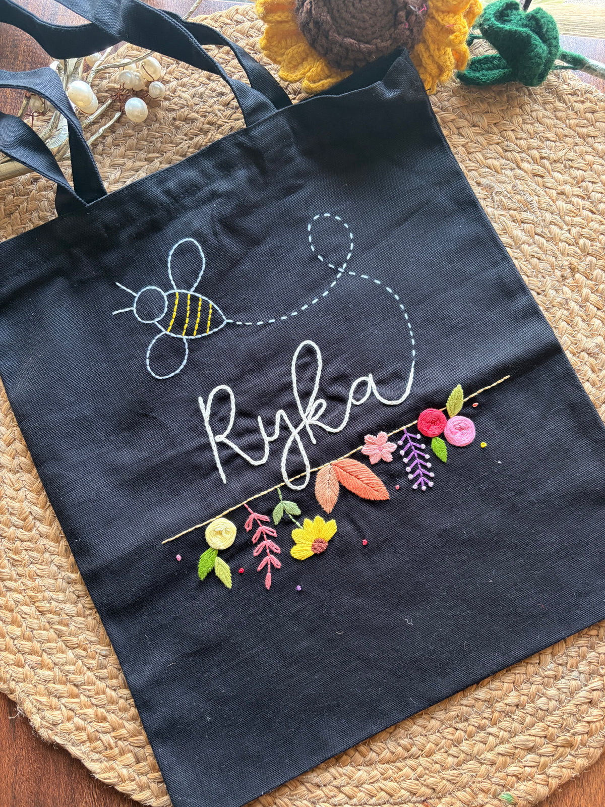 Spring - Embroidered Black Tote Bag