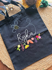 Spring - Embroidered Black Tote Bag