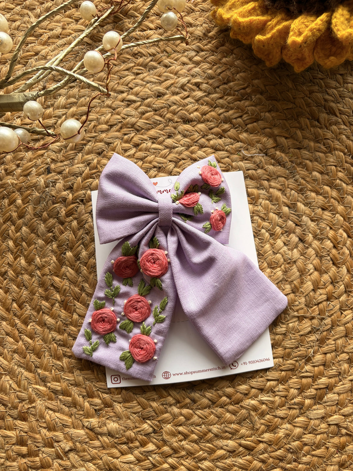 Lavender Rose-  Embroidered Bow