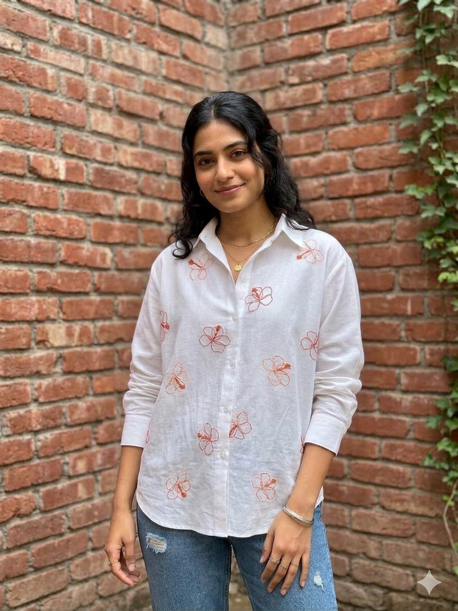 Threaded Petals - Cotton Linen Embroidered Shirt