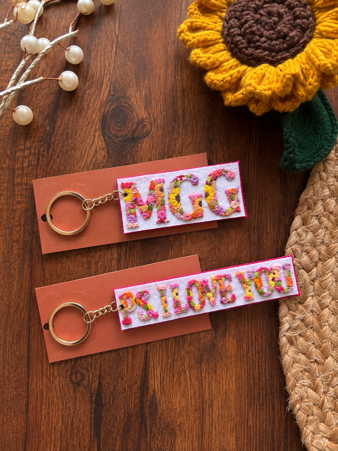 Embroidered Floral Name Keychain