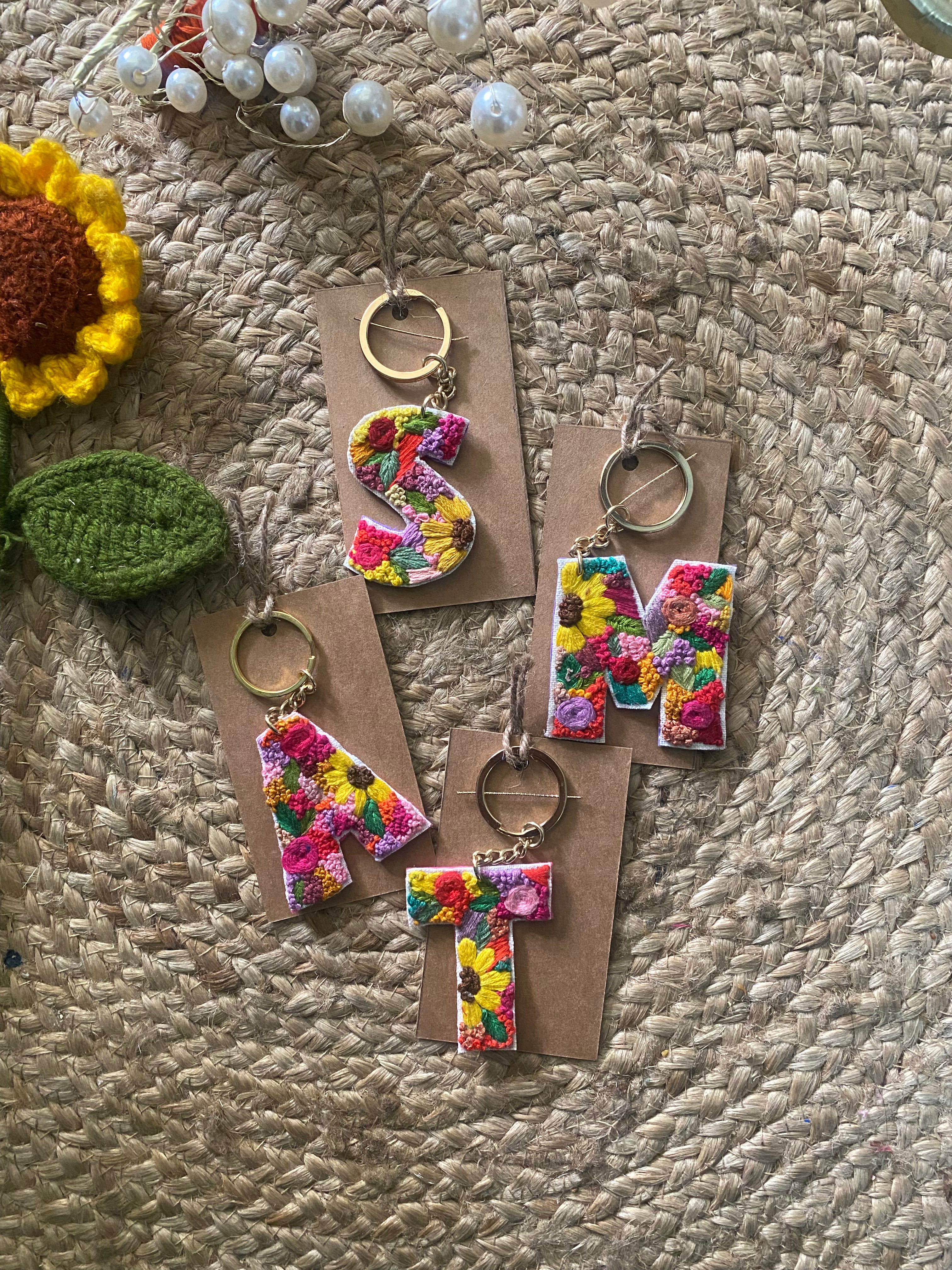 Embroidered Floral Initial Keychain