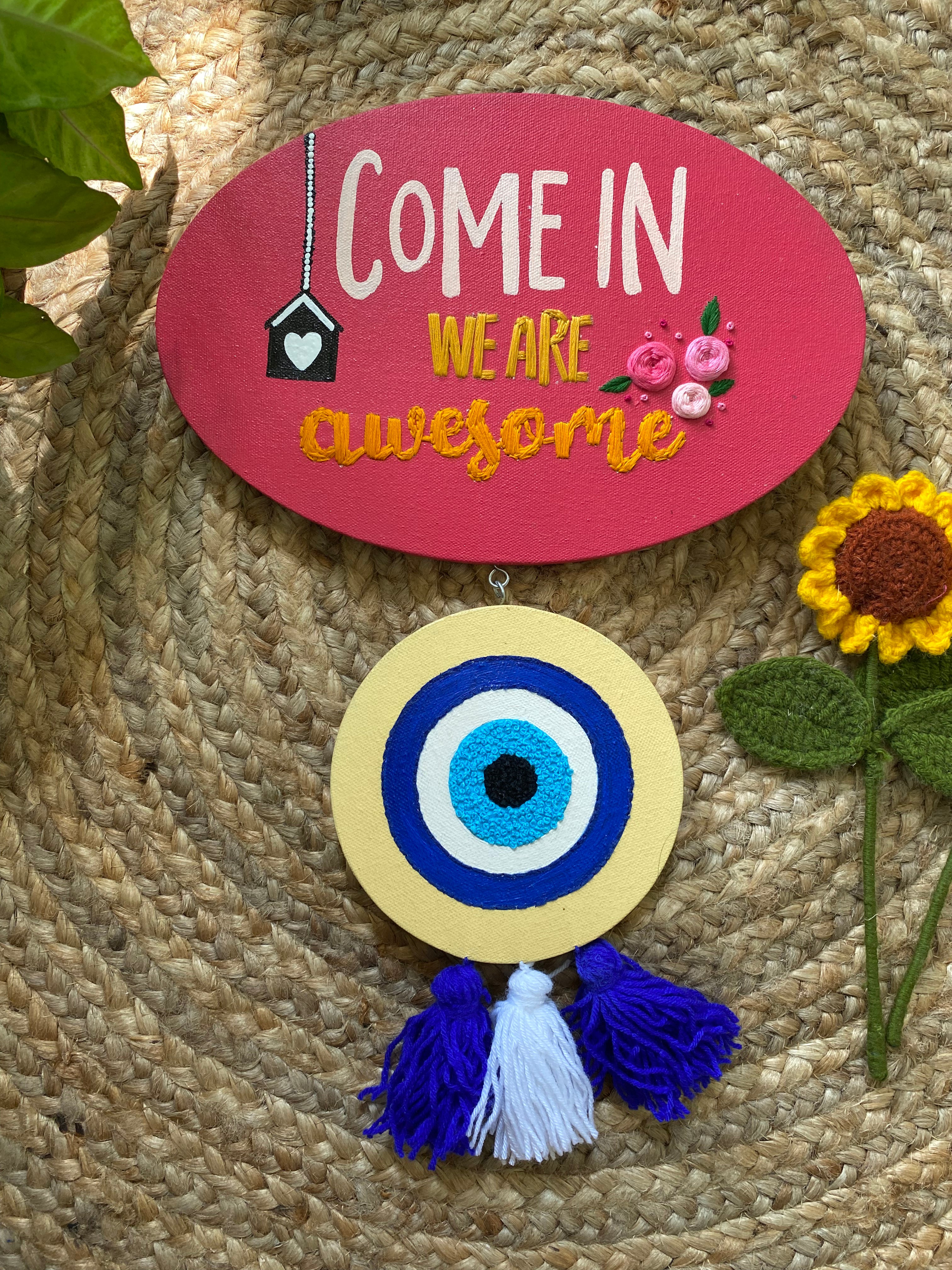 Welcome Home Name Plate with Evil Eye