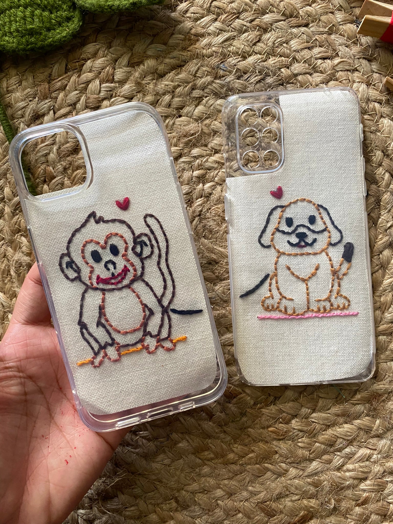 Monkey and Puppy - Couple Embroidered Mobile Cover