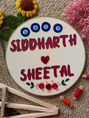 Floral Couple Embroidered Name Plate - Circular