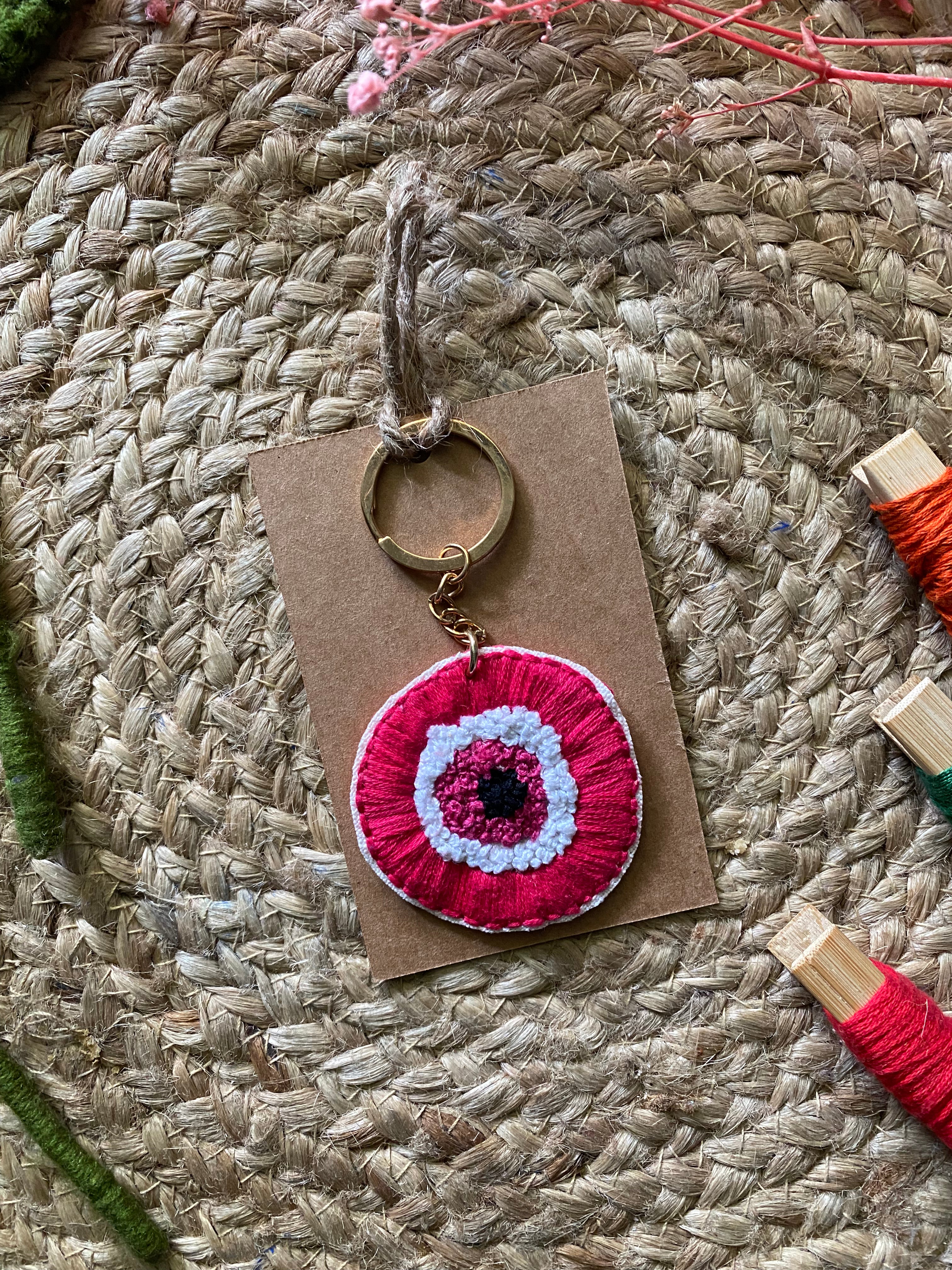 Pink Evil Eye Embroidered Keychain