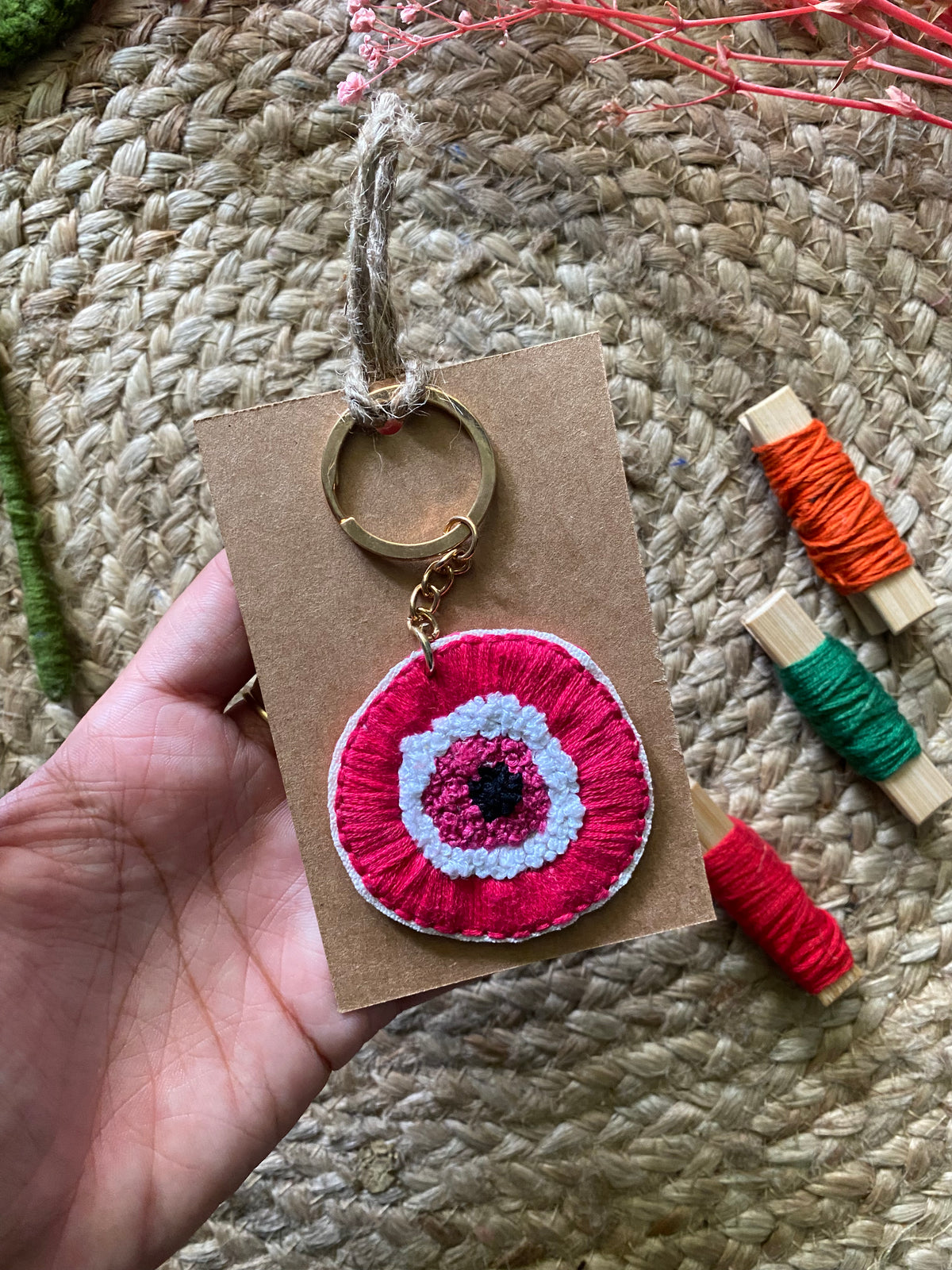 Pink Evil Eye Embroidered Keychain