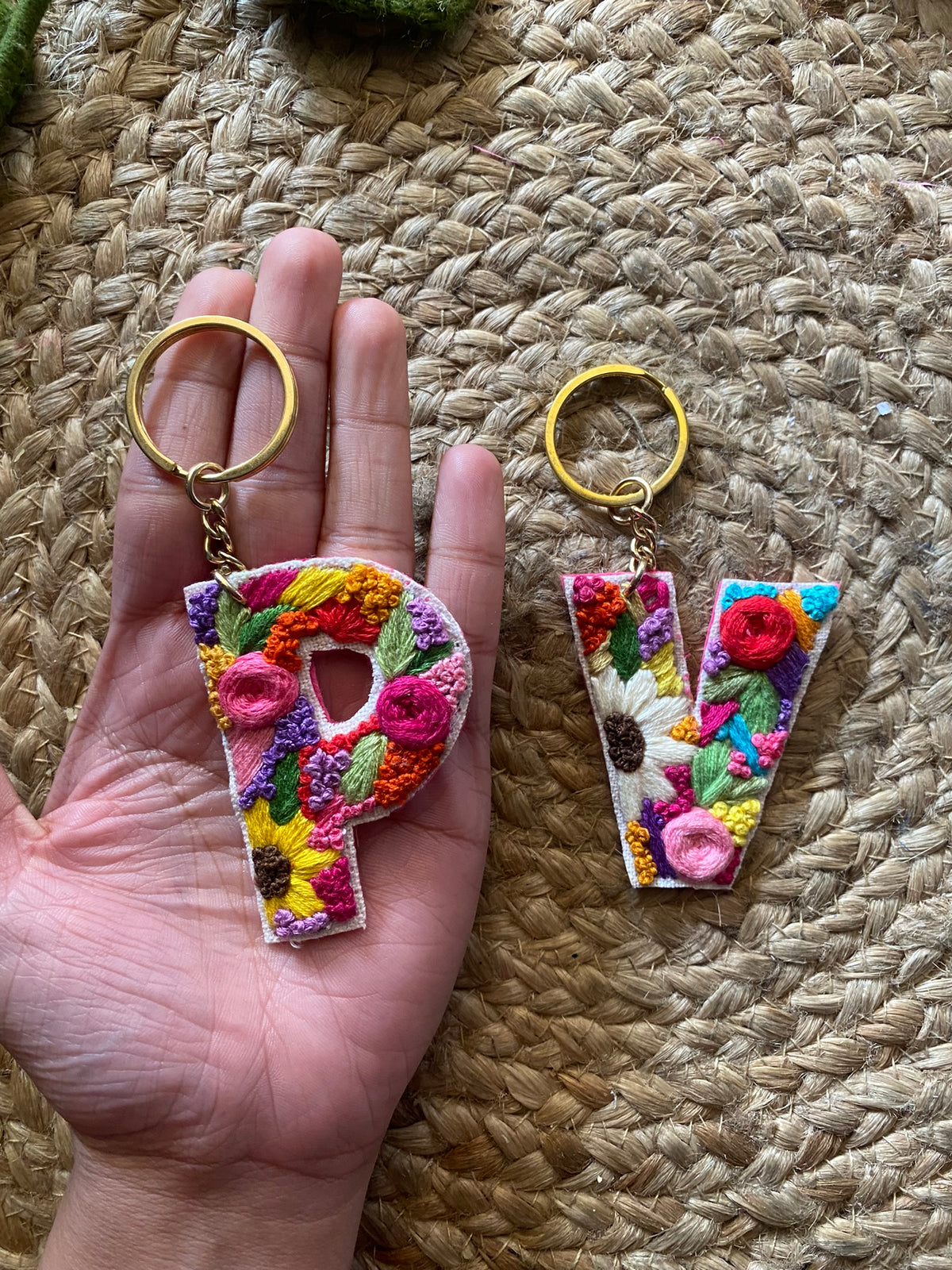 Embroidered Floral Initial Keychain