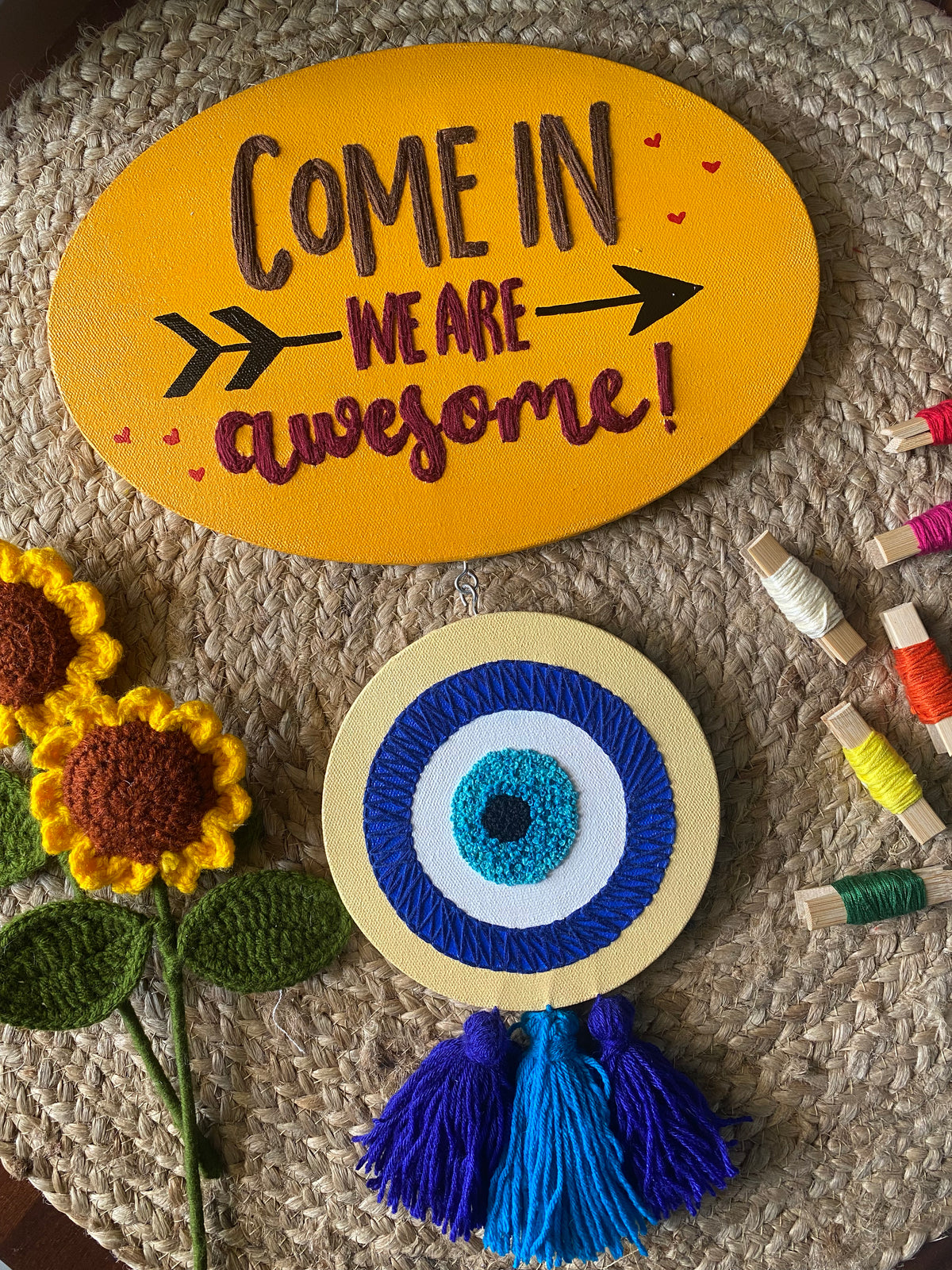 Welcome Home Name Plate with Evil Eye