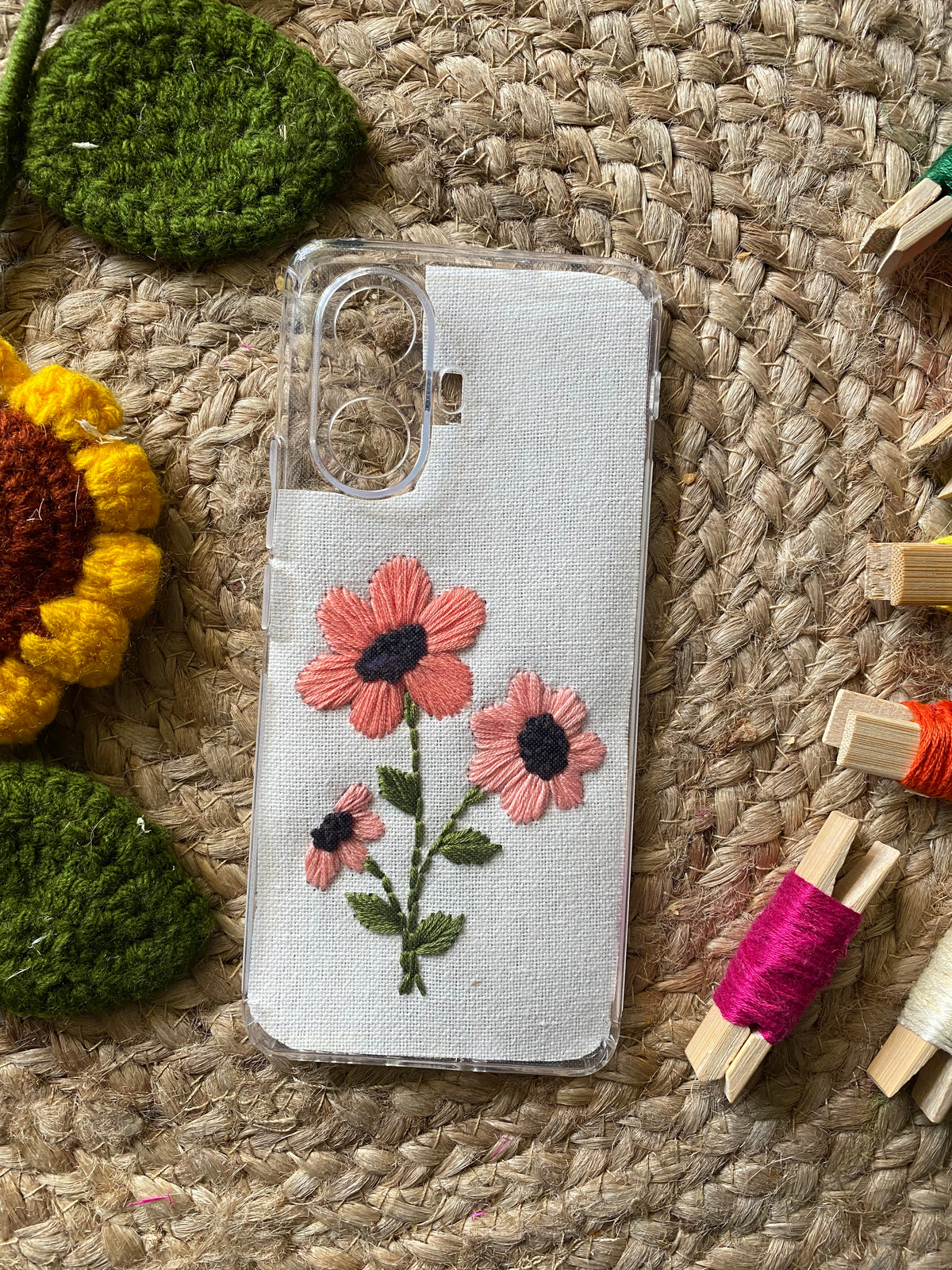 Peach Flowers - Embroidered Mobile Cover