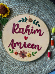 Floral Couple Embroidered Name Plate - Circular